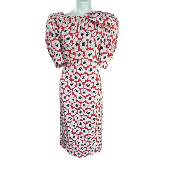 Digna Yero Sakowitz Womens Dress Size 10 Red Blk Wht Puff Sleeves & Draped Yoke - Picture 3 of 16